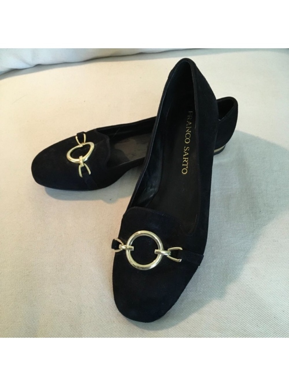 Franco Sarto Black Suede Loafers with Gold Ring Accent, size 7.5